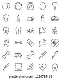 thin line vector icon set - double boiler vector, cereal, egg, mushroom, oil, barbell, heart pulse, bike, muscule hand, buttocks, water bottle, fitness mat, cereals, bone, hoop, run, thermometer