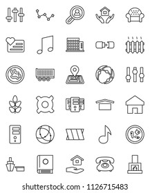 thin line vector icon set - house hold vector, music, constellation, any currency, cereals, heart monitor, navigator, phone, truck trailer, port, dry cargo, settings, microbs, bandage, connection