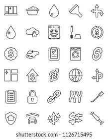 thin line vector icon set - scraper vector, water drop, car fetlock, window cleaning, toilet brush, washer, foam basin, shining, exchange, dollar growth, medal, route, internet, gender sign, chain