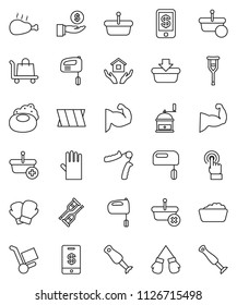 thin line vector icon set - soap vector, foam basin, rubber glove, house hold, hand mill, mixer, blender, chicken leg, investment, trainer, muscule, boxing, touchscreen, crutches, bandage, basket