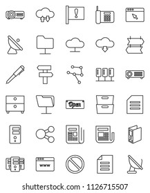 thin line vector icon set - pen vector, document, archive, binder, prohibition sign, attention, satellite antenna, newspaper, network, server, folder, cloud, exchange, browser, share, download, open