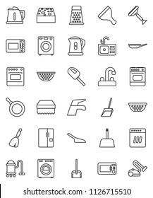 thin line vector icon set - scraper vector, broom, water tap, vacuum cleaner, scoop, sponge, sink, pan, kettle, colander, grater, washer, fridge, dishwasher, microwave oven