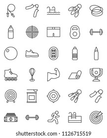 thin line vector icon set - award cup vector, target, barbell, stadium, weight, jump rope, hand trainer, punching bag, fitball, muscule, snickers, shorts, roller Skates, sports nutrition, hoop, run