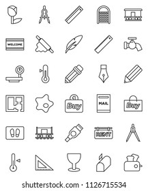 thin line vector icon set - water tap vector, splotch, welcome mat, washboard, rolling pin, thermometer, pen, pencil, corner ruler, drawing compass, Railway carriage, glass, tulip, big scales, hdmi