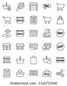 thin line vector icon set - house hold vector, cart, credit card, office, cargo search, sale signboard, rooms, sold, new, shopping bag, market, store, buy, barcode, basket, list, coupon
