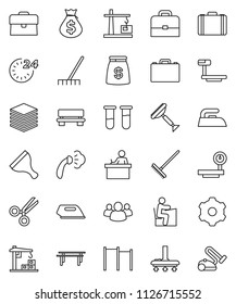 thin line vector icon set - scraper vector, vacuum cleaner, rake, iron, steaming, student, case, money bag, horizontal bar, big scales, group, vial, scissors, data, gear, bench, construction crane
