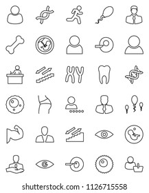 thin line vector icon set - student vector, manager, muscule hand, buttocks, stairways run, bone, client, eye, dna, pregnancy, insemination, chromosomes, sperm, ovule, tooth, user, login, consumer