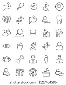 thin line vector icon set - student vector, manager, man, muscule hand, buttocks, bone, run, client, group, disabled, eye, dna, pregnancy, insemination, chromosomes, sperm, ovule, tooth, login