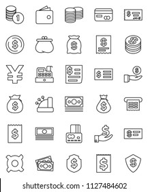 thin line vector icon set - dollar coin vector, credit card, wallet, cash, money bag, investment, stack, check, receipt, shield, any currency, yen sign, cashbox