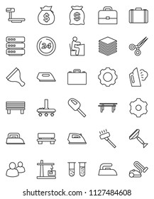 thin line vector icon set - scraper vector, vacuum cleaner, iron, steaming, student, case, money bag, horizontal bar, big scales, group, vial, scissors, data, gear, bench, construction crane