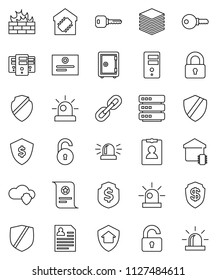 thin line vector icon set - certificate vector, personal information, dollar shield, safe, protected, cloud, big data, server, firewall, chain, unlock, key, siren, lock, smart home, protect