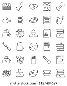 thin line vector icon set - spatula vector, toaster, oven, double boiler, plates, cereal, pasta, potato, steak, chicken leg, breads, no fastfood, bone