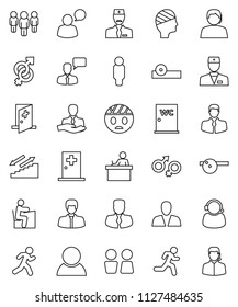 thin line vector icon set - water closet vector, student, manager, man, stairways run, support, client, speaking, doctor, gender sign, eye hat, head bandage, medical room, consumer