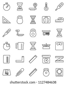 thin line vector icon set - measuring cup vector, corner ruler, sand clock, scales, stopwatch, weight, big, thermometer, store, kitchen