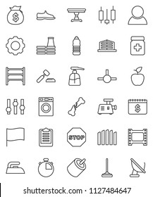 thin line vector icon set - mop vector, iron, washer, liquid soap, apple fruit, flag, japanese candle, money bag, auction, dollar calendar, stopwatch, clipboard, snickers, water bottle, shelving