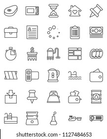 thin line vector icon set - vacuum cleaner vector, plates, kettle, microwave oven, double boiler, steak, paper pin, personal information, case, bank building, stopwatch, clipboard, money, port, pool
