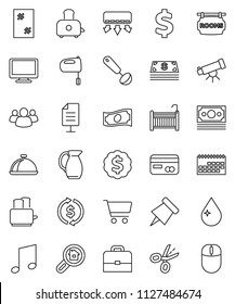 thin line vector icon set - water drop vector, window cleaning, ladle, mixer, toaster, jug, dish, case, telescope, paper pin, music, exchange, cart, cash, dollar medal, sign, money, calendar, group