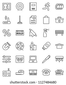 thin line vector icon set - mop vector, sprayer, plates, rolling pin, copybook, student, pen, notebook pc, magnet, target, measuring, run, dry cargo, Railway carriage, film spool, radio, doctor bag