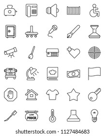 thin line vector icon set - broom vector, vacuum cleaner, car fetlock, cookbook, pen, telescope, table lamp, school bus, flag, cash, safe, t shirt, target, sea container, speaker, disabled, stop
