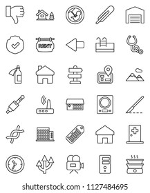 thin line vector icon set - signpost vector, navigator, clock, protected, barcode, video camera, finger down, jack, thermometer, dna, pregnancy, scalpel, stethoscope, hospital building, potion, home