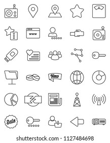 thin line vector icon set - pie graph vector, scales, heart monitor, map pin, radio, antenna, newspaper, group, pills, network, folder, browser, usb modem, lan connector, favorites, arrow, globe