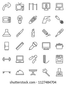 thin line vector icon set - water tap vector, vacuum cleaner, steaming, cleaning agent, pan, skimmer, knife, dish, ruler, notebook pc, monitor dollar, barbell, hand trainer, horizontal bar, table