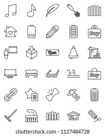 thin line vector icon set - fetlock vector, rake, skimmer, pen, pencil, blackboard, glasses, bell, music, truck trailer, package, satellitie, link, battery, broken bone, favorites, bench, pool, barn