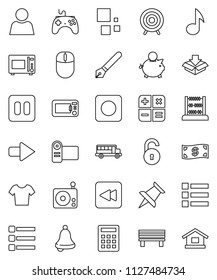 thin line vector icon set - microwave oven vector, pen, bell, school bus, abacus, music, piggy bank, t shirt, target, radio, gamepad, thumbtack, pause button, backward, rec, menu, bench, arrow, user