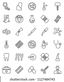 thin line vector icon set - thermometer vector, flask, pills, molecule, doctor bag, gender sign, insemination, dropper, crutches, scissors, scalpel, broken bone, patch, stethoscope, blister, microbs