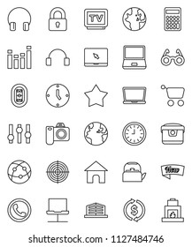 thin line vector icon set - kettle vector, glasses, world, exchange, calculator, clock, target, stadium, earth, settings, equalizer, tv, internet, headphones, notebook pc, network, office building