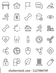 thin line vector icon set - toilet paper vector, molecule, flag, leaf, tie, buttocks, bone, run, earth, clock, flammable, dialog, heart cross, eye, scissors, loading, house, mountain, apartments
