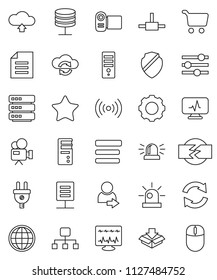 thin line vector icon set - document vector, cart, video camera, favorites, diagnostic monitor, connect, network server, cloud exchange, big data, gear, equalizer, menu, shield, refresh, upload