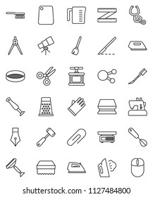 thin line vector icon set - scraper vector, broom, fetlock, sponge, car, iron, steaming, rubber glove, measuring cup, cook press, whisk, meat hammer, cutting board, grater, sieve, pen, telescope