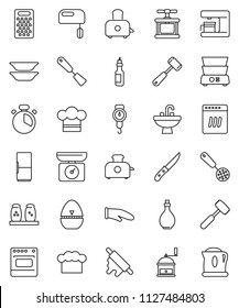 thin line vector icon set - sink vector, oil, scales, cook hat, glove, timer, press, skimmer, spatula, knife, rolling pin, meat hammer, hand mill, grater, toaster, double boiler, spices, plates