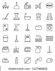 thin line vector icon set - soap vector, plunger, cleaner trolley, vacuum, fetlock, mop, rake, scoop, bucket, sponge, trash bin, car, window cleaning, splotch, welcome mat, iron, steaming, bath