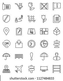 thin line vector icon set - signpost vector, navigator, earth, map pin, attention, plane, phone, 24, client, truck trailer, clock, wood box, consolidated cargo, clipboard, document, umbrella, tulip