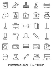 thin line vector icon set - plunger vector, water tap, vacuum cleaner, mop, bucket, sponge, car fetlock, washing powder, kettle, microwave oven, washer, dishwasher, mixer, coffee maker, hood
