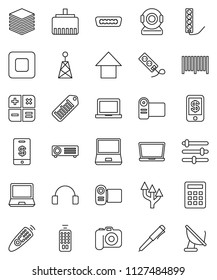 thin line vector icon set - pen vector, notebook pc, arrow up, barcode, camera, antenna, remote control, headphones, stop button, hdmi, big data, equalizer, lan connector, route, calculator, tap pay