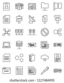 thin line vector icon set - pen vector, notebook pc, document, personal information, laptop graph, binder, prohibition sign, signpost, attention, satellite antenna, newspaper, network, server, share