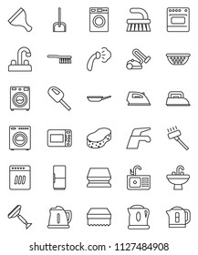 thin line vector icon set - scraper vector, water tap, vacuum cleaner, fetlock, scoop, sponge, iron, steaming, washer, sink, pan, kettle, colander, fridge, dishwasher, microwave oven