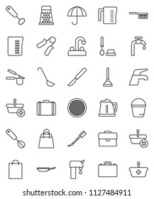 thin line vector icon set - plunger vector, water tap, fetlock, bucket, car, toilet brush, pan, kettle, measuring cup, cook press, whisk, ladle, grater, sieve, case, hand trainer, umbrella, scalpel