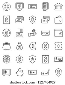 thin line vector icon set - bank vector, dollar coin, credit card, wallet, money bag, piggy, investment, check, receipt, medal, shield, safe, monitor, any currency, euro sign, reader