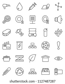 thin line vector icon set - sponge vector, water drop, cleaning agent, pan, double boiler, leaf, constellation, hierarchy, measuring, enegry drink, fitness mat, oxygen, attention, dry cargo, speaker