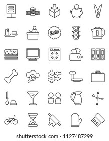 thin line vector icon set - clothespin vector, toilet brush, water closet, cook glove, rolling pin, jug, school building, student, case, constellation, exchange, piggy bank, binder, bike, breads
