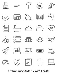 thin line vector icon set - vacuum cleaner vector, bath, pan, kettle, rolling pin, dish, cereal, magnet, document, stadium, shuttlecock, heart cross, client, calendar, tv, group, amkbulance car