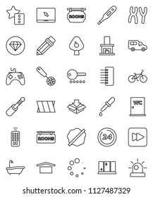 thin line vector icon set - splotch vector, bath, shining window, water closet, skimmer, pencil, bike, car, dry cargo, gamepad, remote control, notebook pc, forward button, jack, thermometer, hub