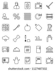 thin line vector icon set - rake vector, car fetlock, toilet brush, water closet, apron, towel, cutting board, grater, microwave oven, dish, bank, safe, diet, bone, receipt, cloud upload, login, tv