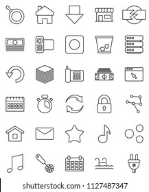 thin line vector icon set - trash bin vector, pan, cook timer, skimmer, music, cash, arrow down, calendar, stadium, phone, video camera, favorites, rec button, network, big data, browser, share