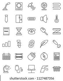 thin line vector icon set - water tap vector, towel, ladle, pen, table lamp, calculator, compass, tie, calendar, measuring, no hook, sorting, satellitie, speaker, classic phone, rca, hdmi, chain