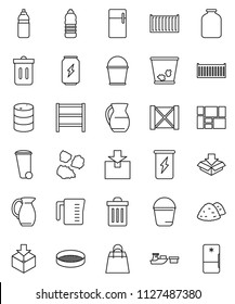 thin line vector icon set - bucket vector, trash bin, garbage pile, measuring cup, jug, sieve, jar, enegry drink, water bottle, sea container, port, wood box, consolidated cargo, package, oil barrel